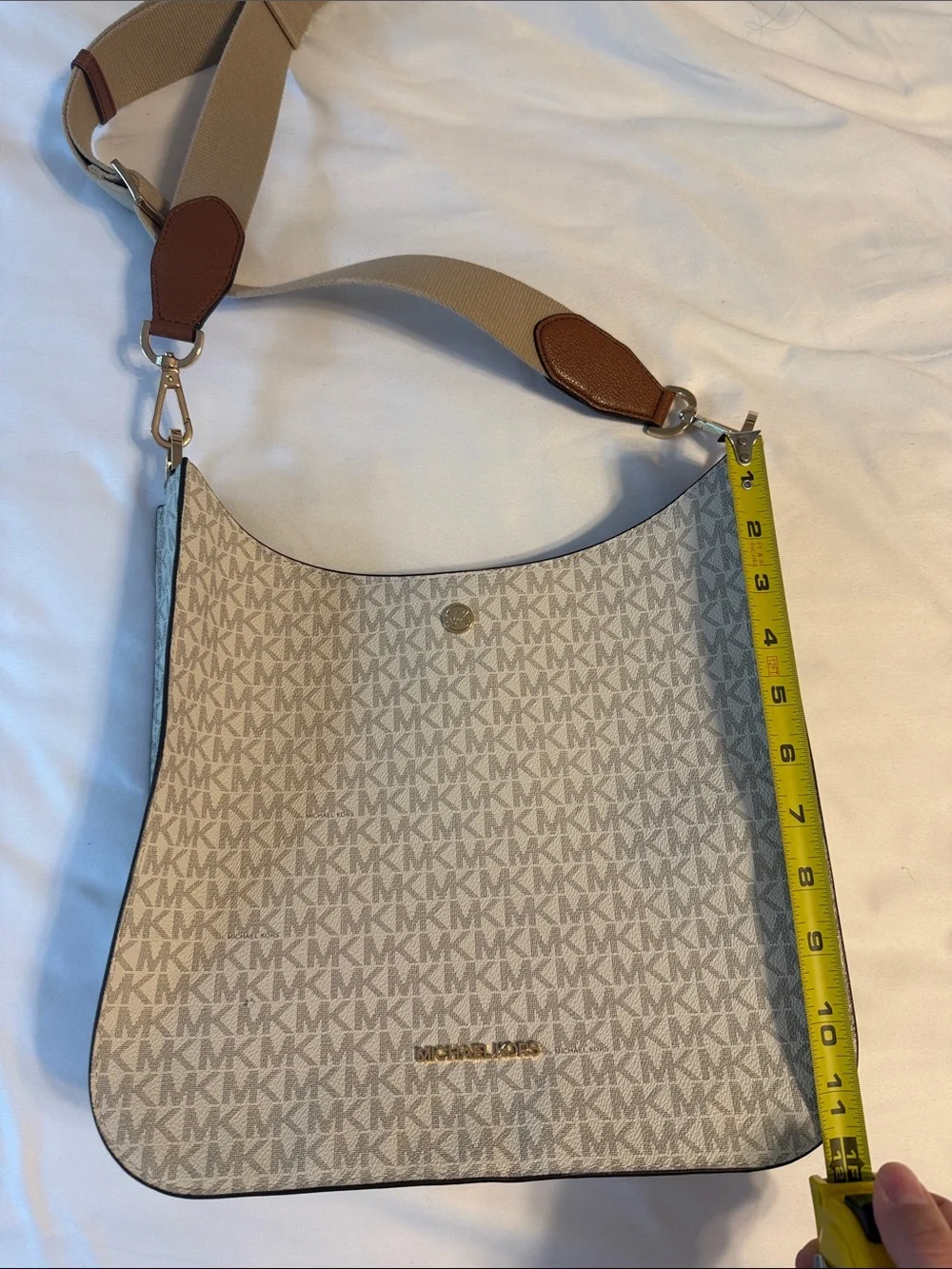 Michael Kors Cream and Brown MK Logo Crossbody Bag with Adjustable Strap